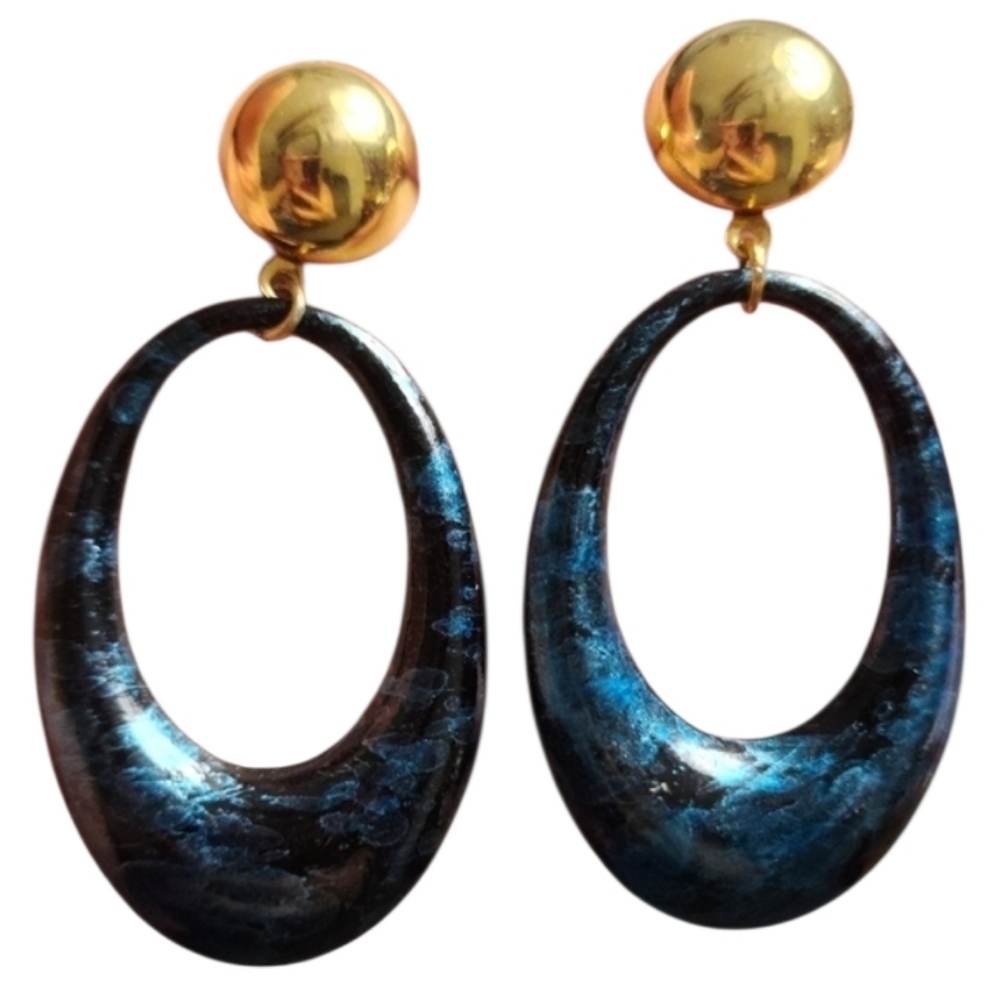 Gold Tone Blue Iridescent Drop Earrings